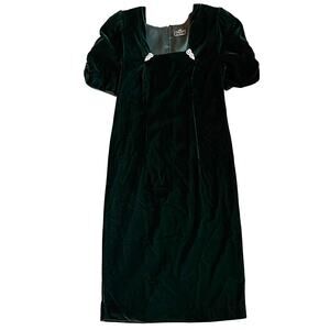 Vintage Cachet Hunter Green, Velvet, Short Ruched Sleeve, Holiday Dress- XS/S